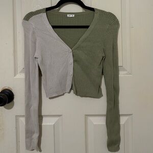 Garage Two-Tone Ribbed Cropped Cardigan Top | Green & Beige | Size S